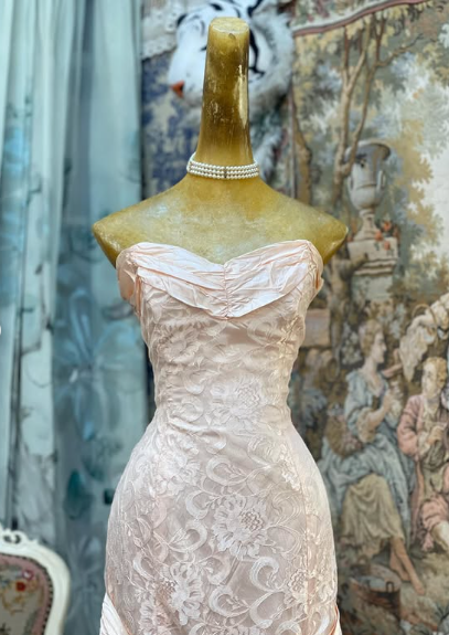 Sweetheart Pink Strapless Satin Bow Lace Long Prom Dress Evening Gown TP2380