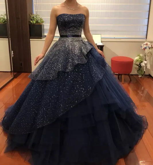 A-Line Elegant Navy Strapless Floor-length Formal Prom Dress Evening Gown TP2389