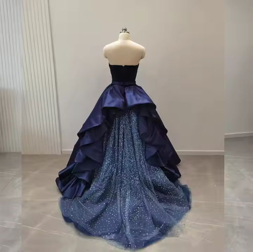 A-line elegant navy blue strapless satin tulle formal prom dress evening gown TP2390