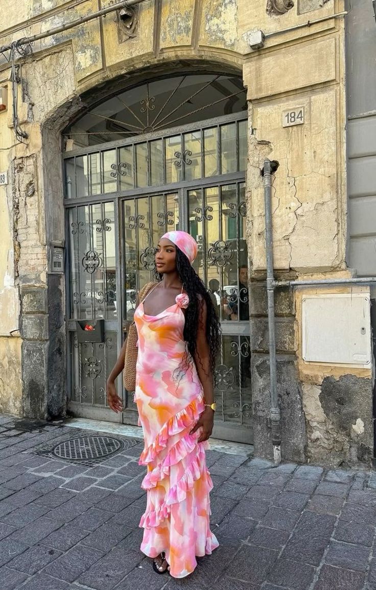 Gorgeous Colorblock Halter Neck Sleeveless Chiffon Ruffle Ankle-Length Prom Dress TP2403