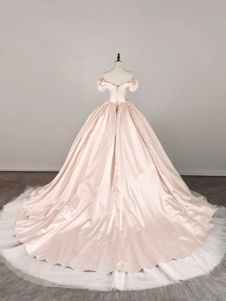 Elegant Pink Satin A-Line Off-The-Shoulder Floor-Sweeping Prom Dress Evening Gown TP2404