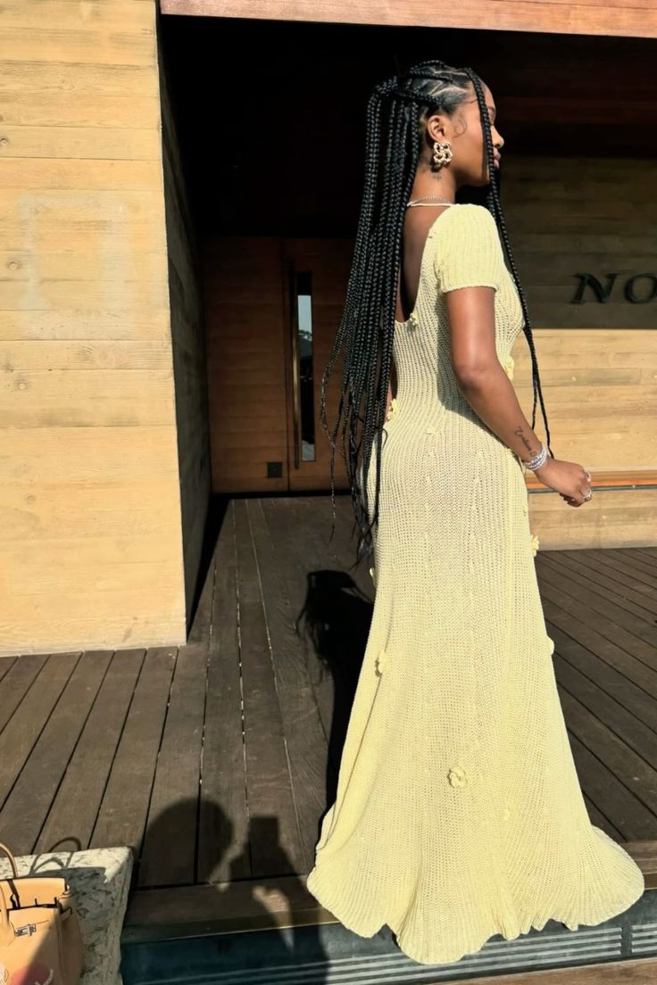 Sexy Light Yellow Short Sleeve Hollow Knitted Mermaid Floor Length Ball Gown Party Dress TP2406