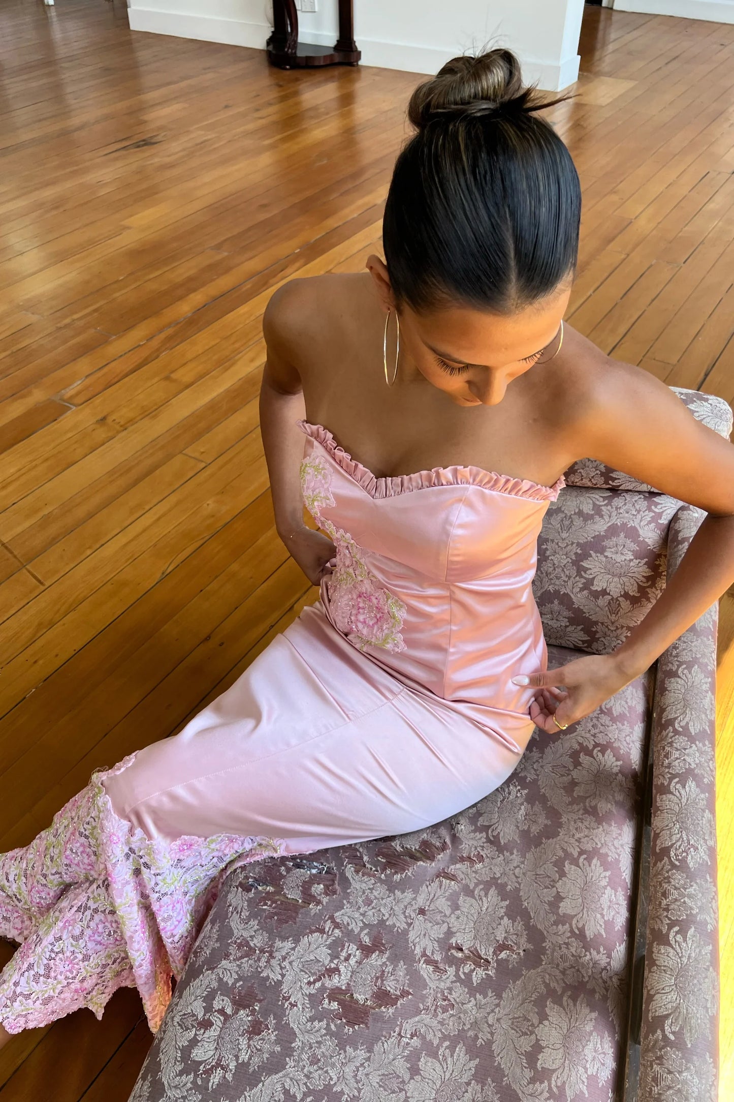 Vintage Pink Satin Sweetheart Neck Lace Mermaid Long Ball Gown Evening Dress TP2438