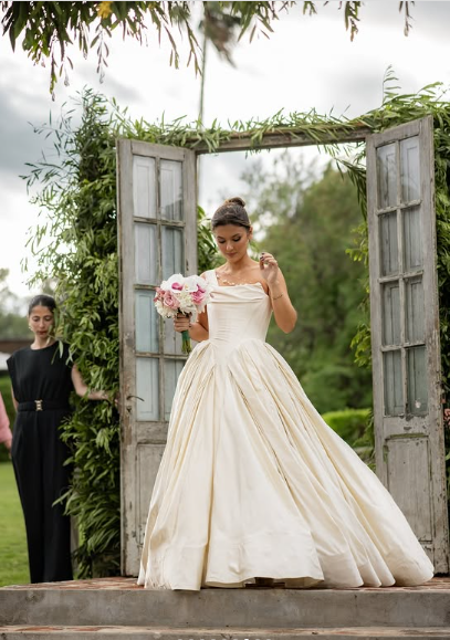 Elegant ivory one shoulder A-line printed trailing wedding dress TP2464
