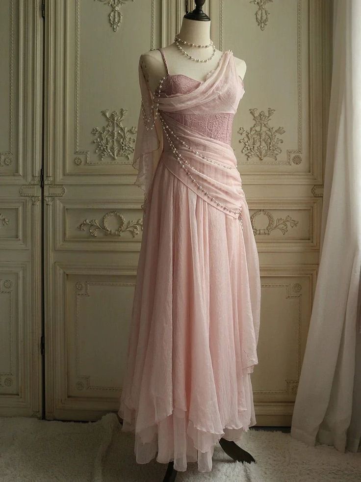 Vintage Pink Strap Pearl Long Prom Dress Evening Dress TP2469