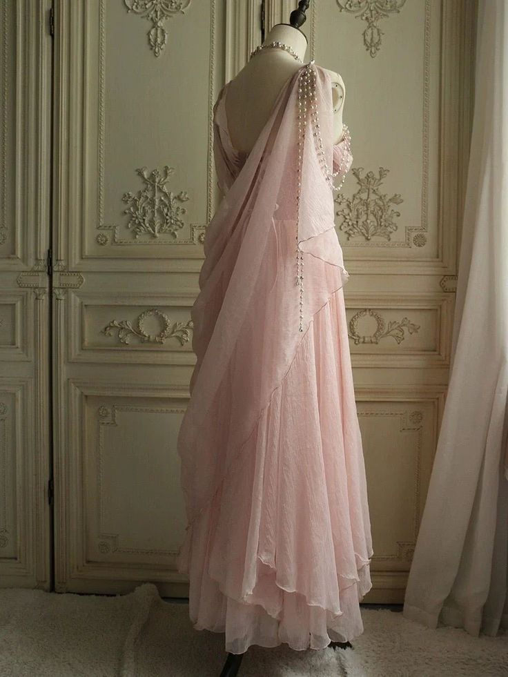 Vintage Pink Strap Pearl Long Prom Dress Evening Dress TP2469