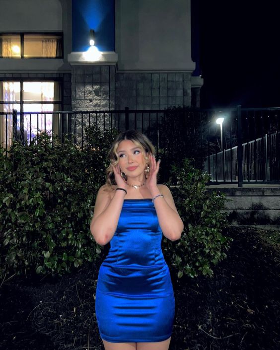 Simple Strapless Off-the-shoulder Sapphire Blue Satin Bodycon Mini Party Dress Homecoming Dress TP2470