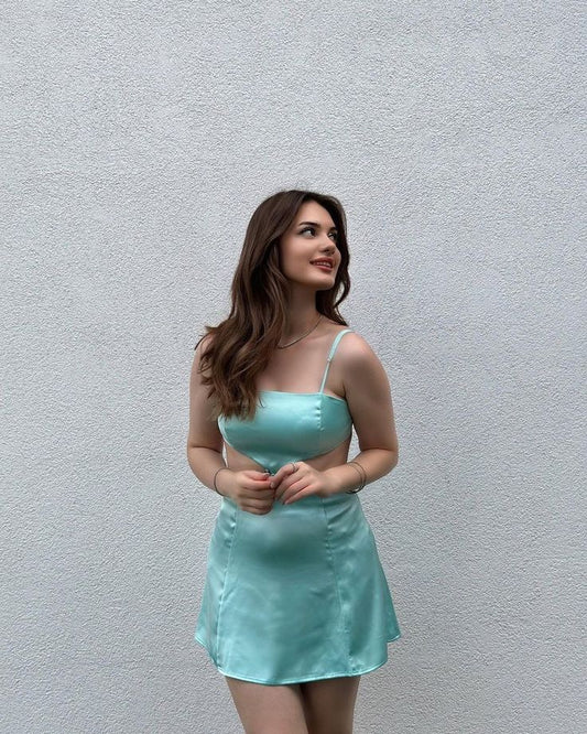 Chic Green Spaghetti Strap Waist Cutout Satin Backless Short Party Dress Homecoming Dress TP2478