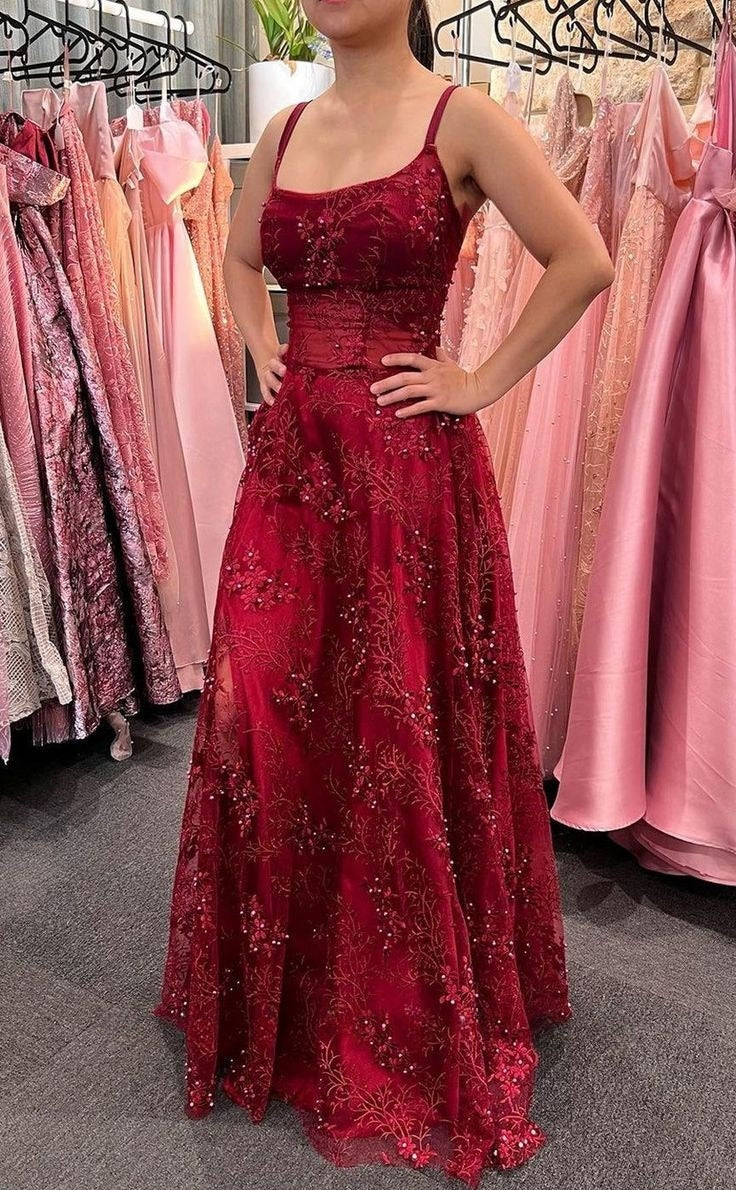 Gorgeous Burgundy Strap Beaded Sleeveless Long Ball Gown Evening Dress TP2482