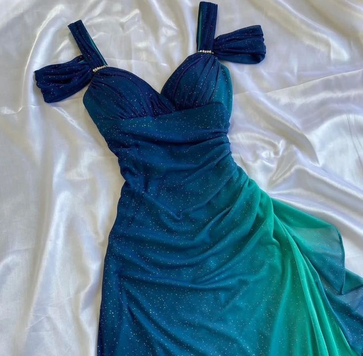 Vintage Shiny Gradient Blue-green Sheath Chiffon Unique Shoulder Strap Design Long Prom Dress Evening Dress TP2505