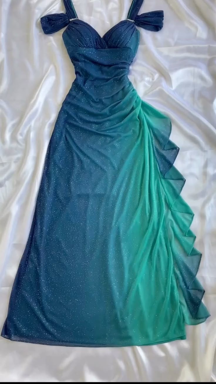 Vintage Shiny Gradient Blue-green Sheath Chiffon Unique Shoulder Strap Design Long Prom Dress Evening Dress TP2505