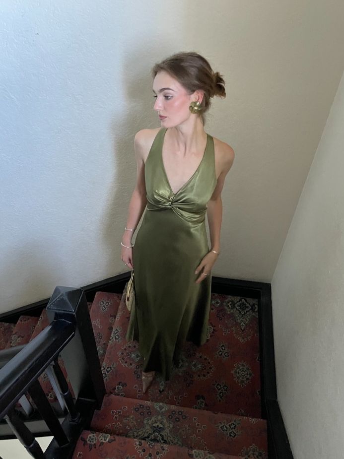 Halterneck Elegant Green Backless Satin A-Line Prom Dress Evening Gown TP2509