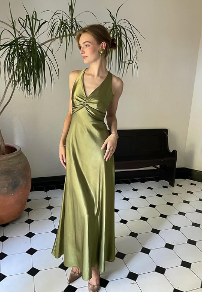 Halterneck Elegant Green Backless Satin A-Line Prom Dress Evening Gown TP2509