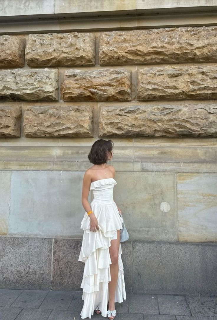 Elegant White Strapless Tiered Ruffle Slit Long Ball Gown Evening Dress TP2513