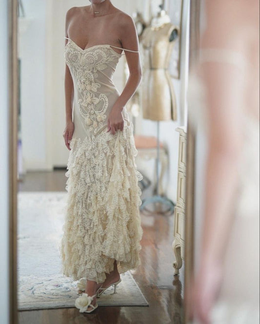 Vintage Spaghetti Strap Ivory Lace Mermaid Prom Dress Evening Dress TP2515