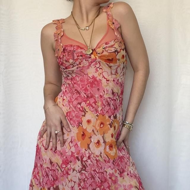 Vintage Pink Printed V Neck Sleeveless Chiffon Prom Dress Evening Dress TP2517