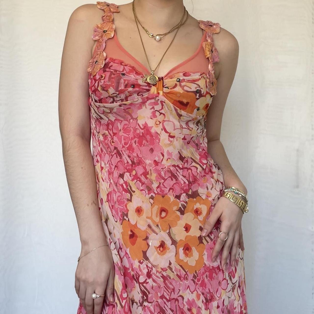 Vintage Pink Printed V Neck Sleeveless Chiffon Prom Dress Evening Dress TP2517