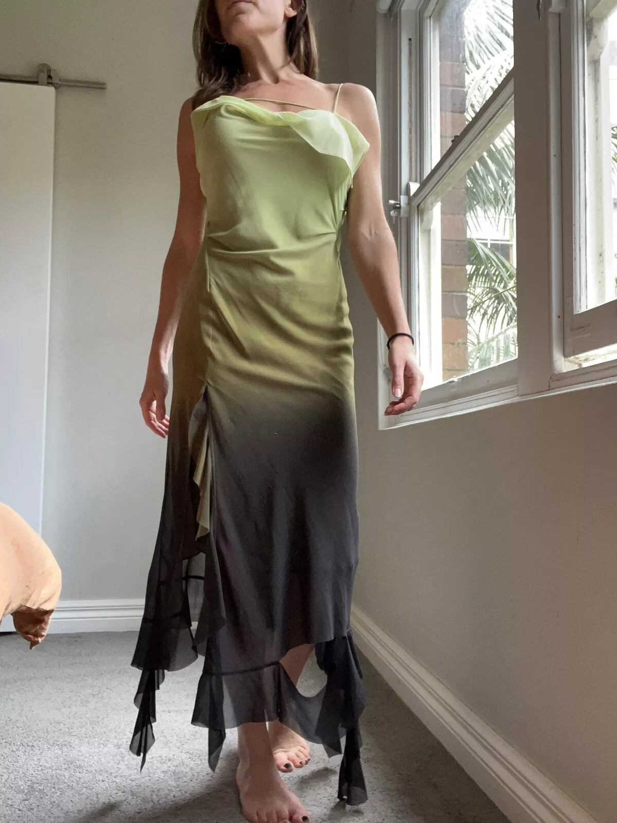 Gradient Green Spaghetti Strap Chiffon Sleeveless Ruffle Ankle Length Ball Gown Evening Dress TP2523