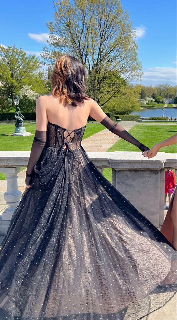 Elegant Black Strapless Sweetheart Neck Tulle Long A-Line Prom Dress Evening Dress TP2529