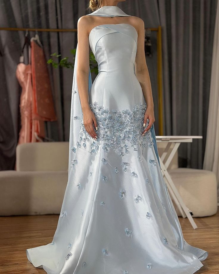 Elegant Blue A-line Strapless Satin Floor Length Formal Prom Dress Evening Dress TP2532