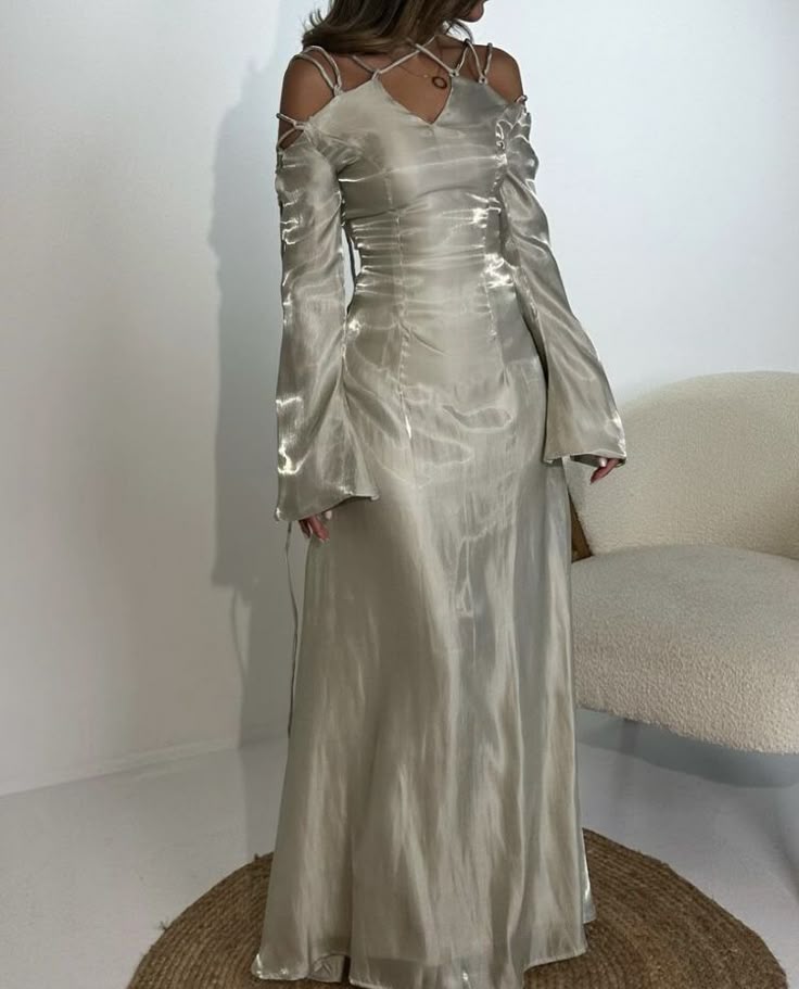 Silver Gray Long Sleeve Off Shoulder A Line Elegant Long Prom Dress Evening Gown TP2541