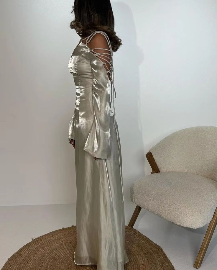 Silver Gray Long Sleeve Off Shoulder A Line Elegant Long Prom Dress Evening Gown TP2541