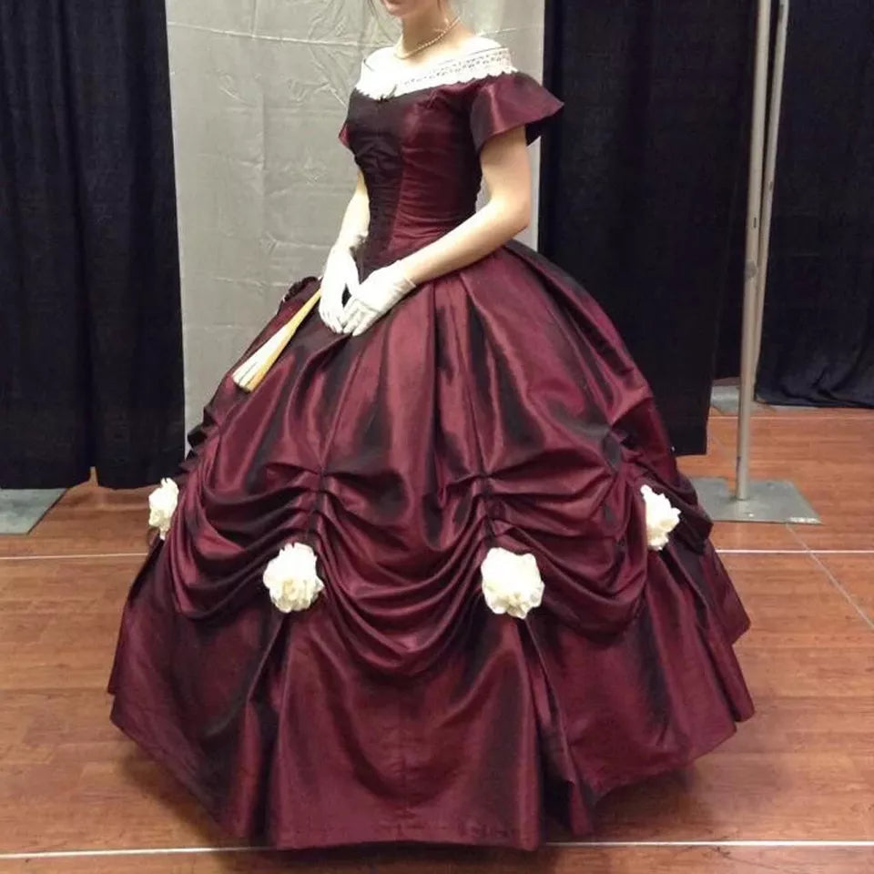 Retro French court burgundy A-line short-sleeved prom dress evening dress TP2550