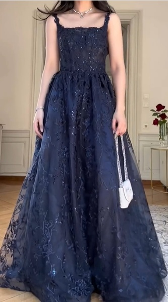 Elegant A-Line Navy Strap Lace Long Prom Dress Evening Gown TP2551