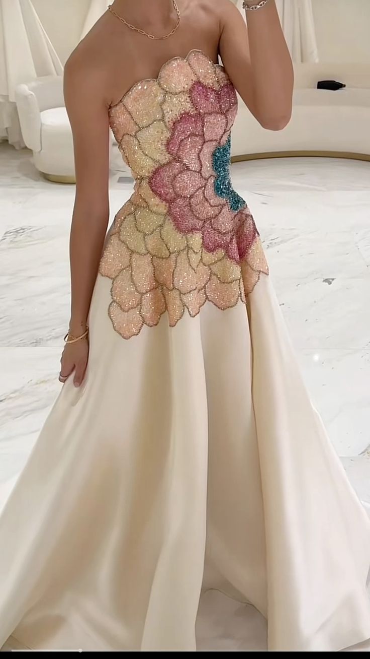 Elegant A-Line Strapless Beaded Satin Long Formal Prom Dress Evening Gown TP2558