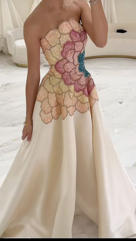 Elegant A-Line Strapless Beaded Satin Long Formal Prom Dress Evening Gown TP2558