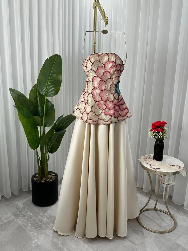 Elegant A-Line Strapless Beaded Satin Long Formal Prom Dress Evening Gown TP2558