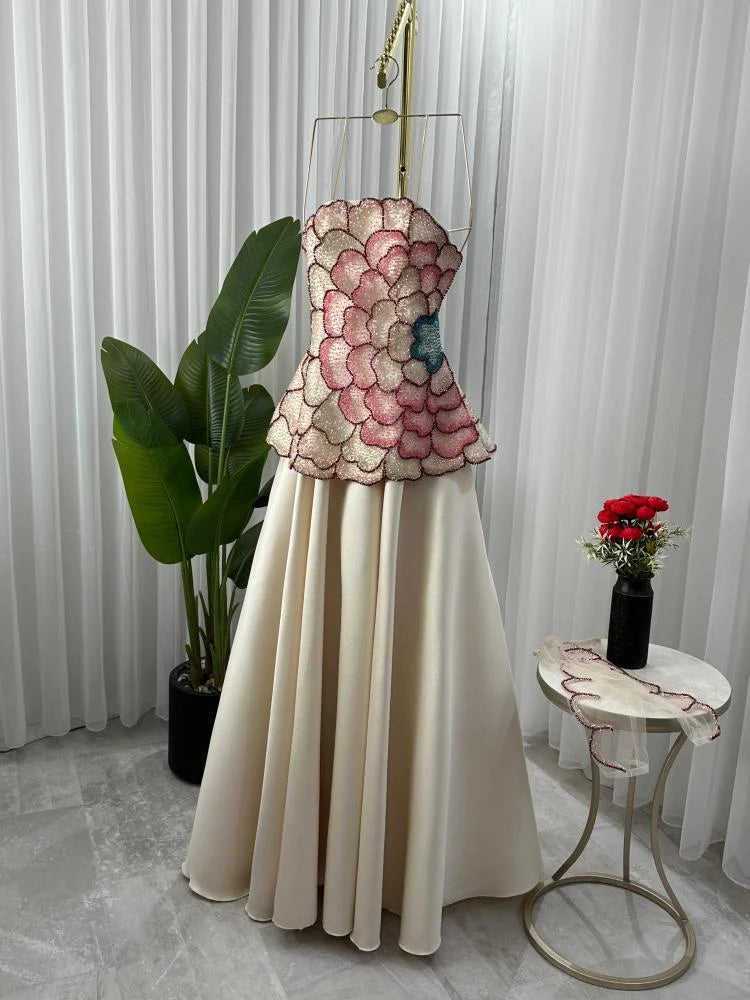 Elegant A-Line Strapless Beaded Satin Long Formal Prom Dress Evening Gown TP2558