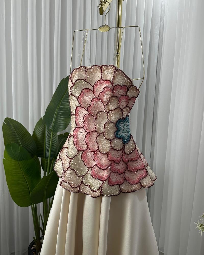 Elegant A-Line Strapless Beaded Satin Long Formal Prom Dress Evening Gown TP2558