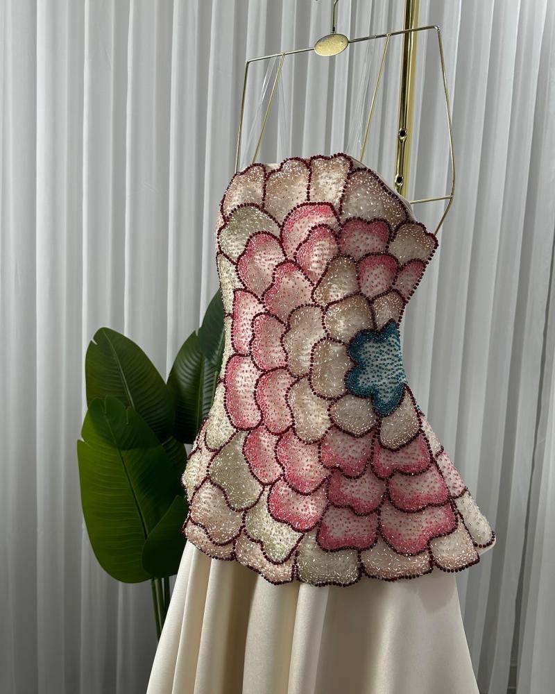 Elegant A-Line Strapless Beaded Satin Long Formal Prom Dress Evening Gown TP2558