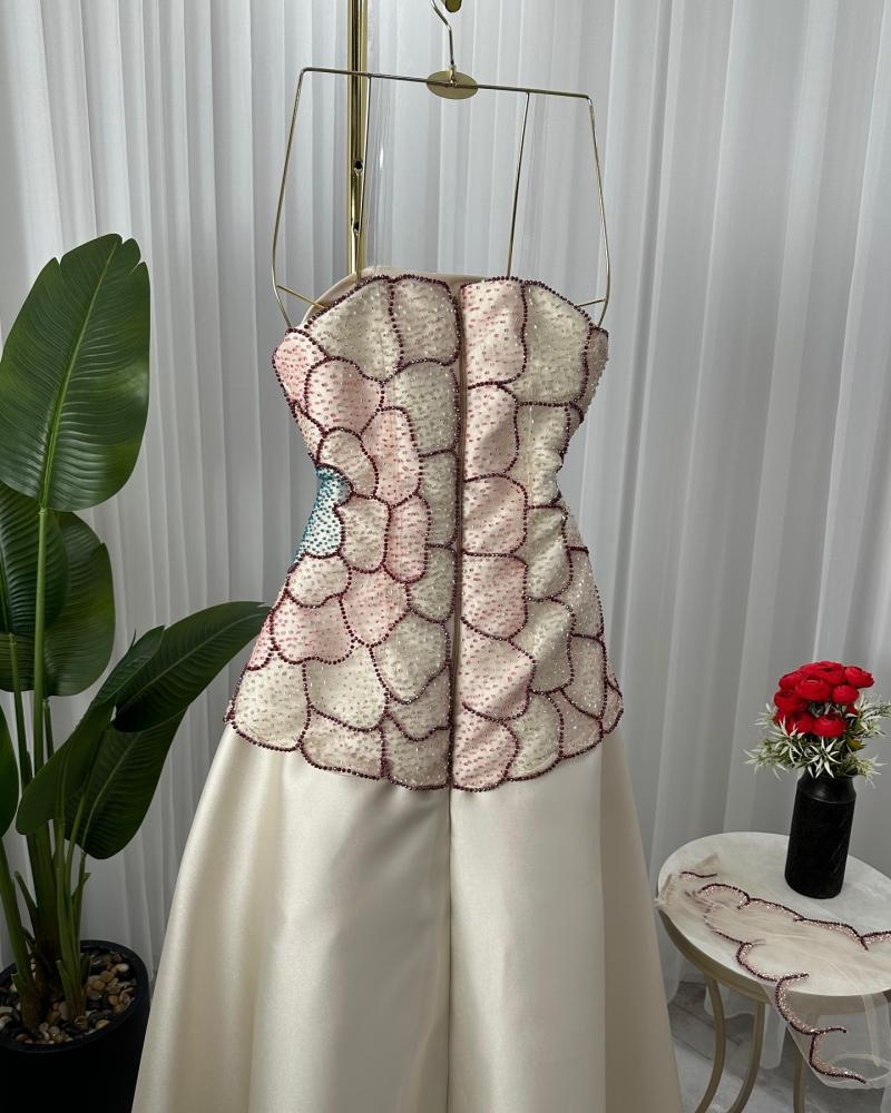 Elegant A-Line Strapless Beaded Satin Long Formal Prom Dress Evening Gown TP2558