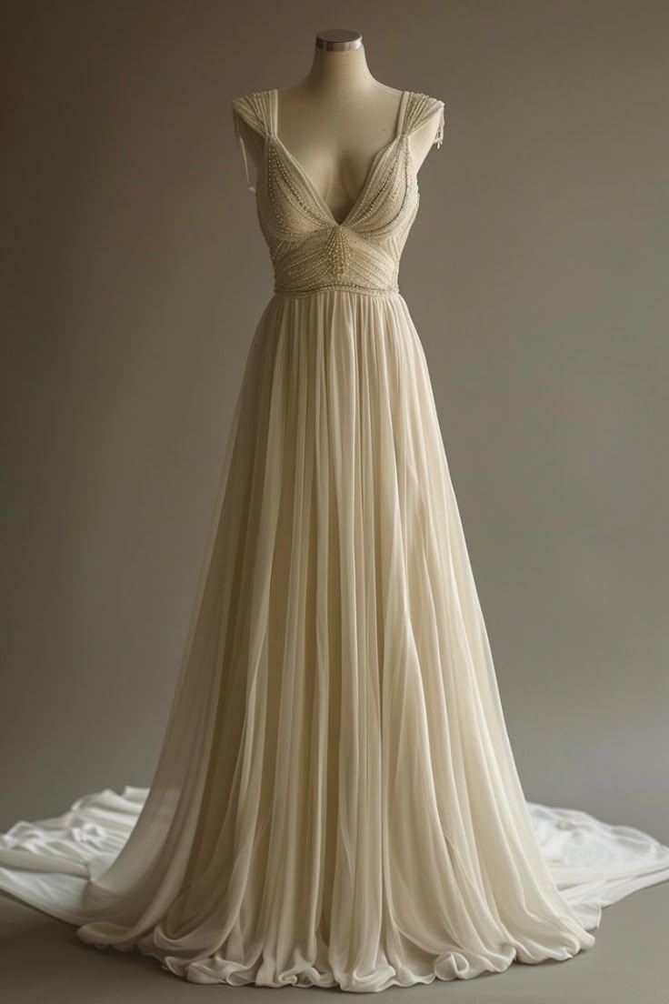 Elegant ivory deep V-neck beaded A-line trailing evening gown wedding dress TP2568