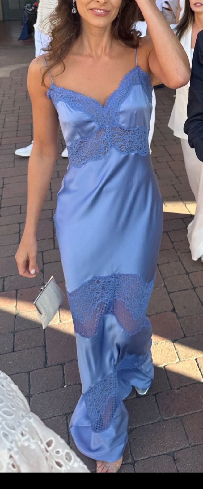 Elegant Blue Strap Lace Silk Satin Prom Dress Evening Gown TP2572