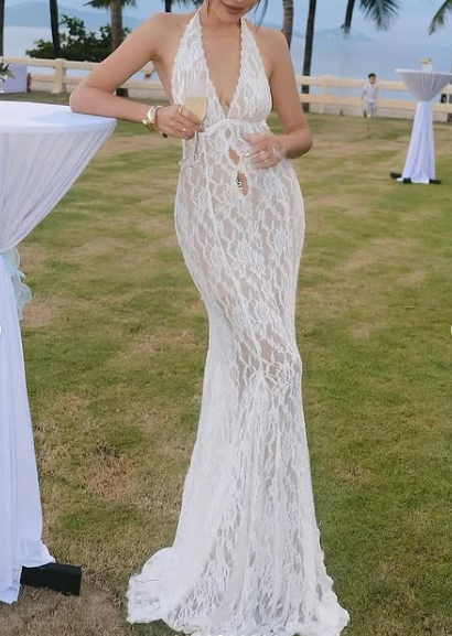 Sexy Deep V Neck White Lace Halter Backless Mermaid Prom Dress Evening Dress TP2574