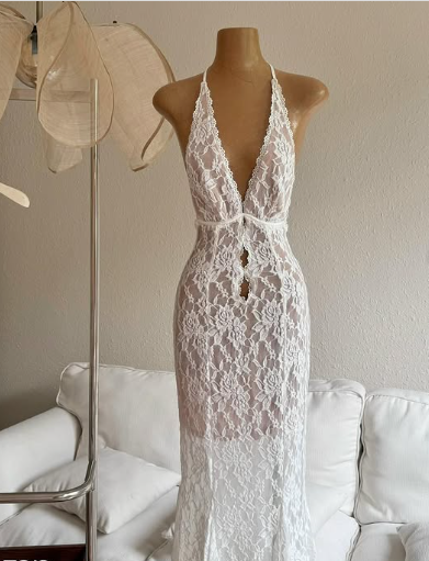 Sexy Deep V Neck White Lace Halter Backless Mermaid Prom Dress Evening Dress TP2574