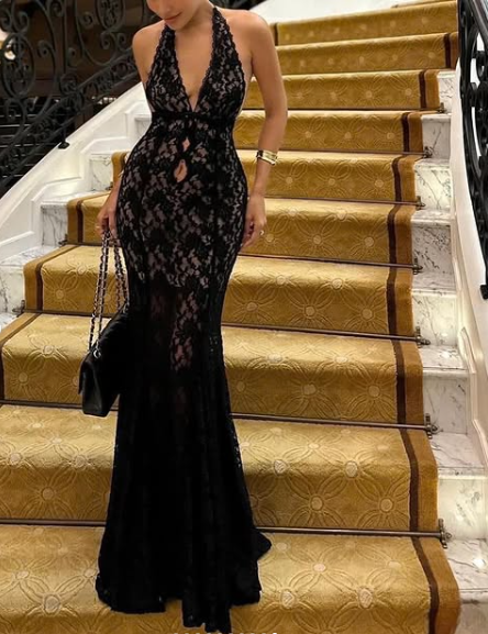 Sexy Deep V Neck White Lace Halter Backless Mermaid Prom Dress Evening Dress TP2574