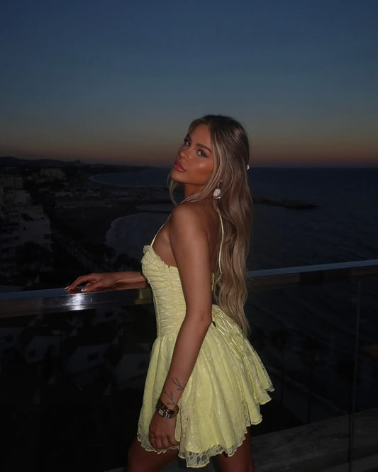 Sexy Light Yellow Off Shoulder Halter Neck Lace A-Line Mini Party Dress Homecoming Dress TP2579