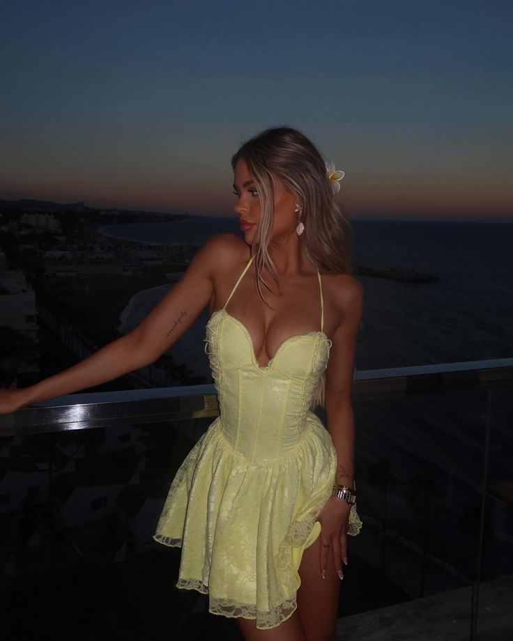 Sexy Light Yellow Off Shoulder Halter Neck Lace A-Line Mini Party Dress Homecoming Dress TP2579