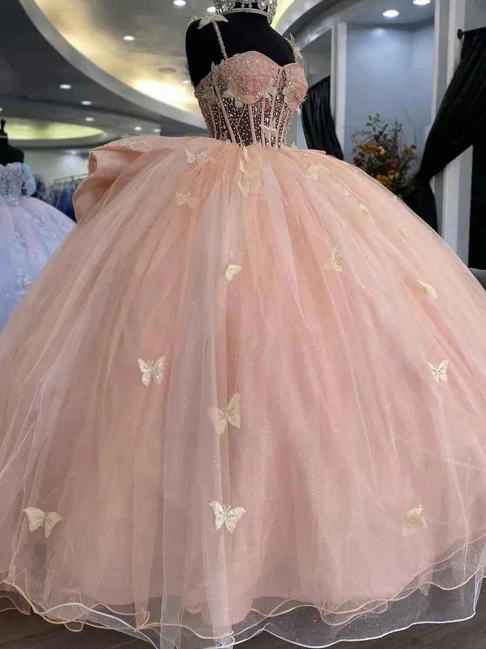 Sweet Pink Bow Tulle Butterfly A-Line Tutu Prom Dress Evening Gown TP2584