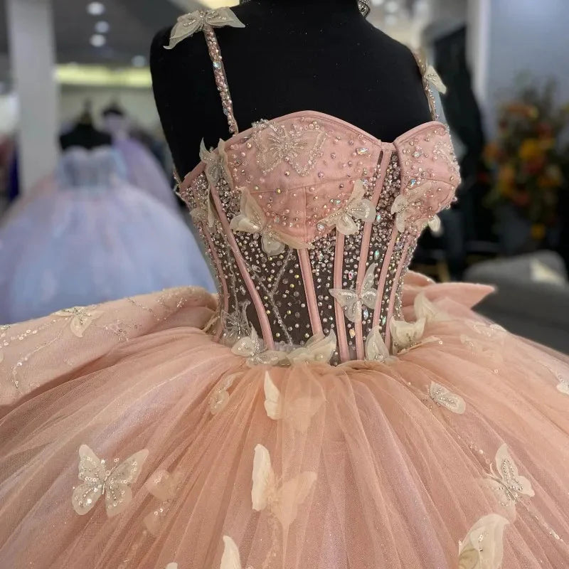 Sweet Pink Bow Tulle Butterfly A-Line Tutu Prom Dress Evening Gown TP2584