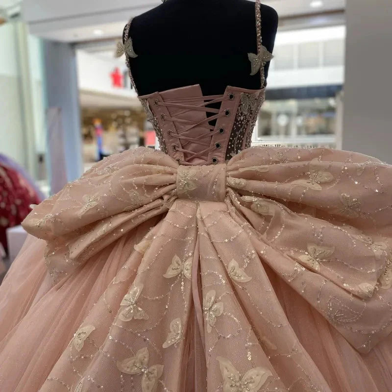 Sweet Pink Bow Tulle Butterfly A-Line Tutu Prom Dress Evening Gown TP2584