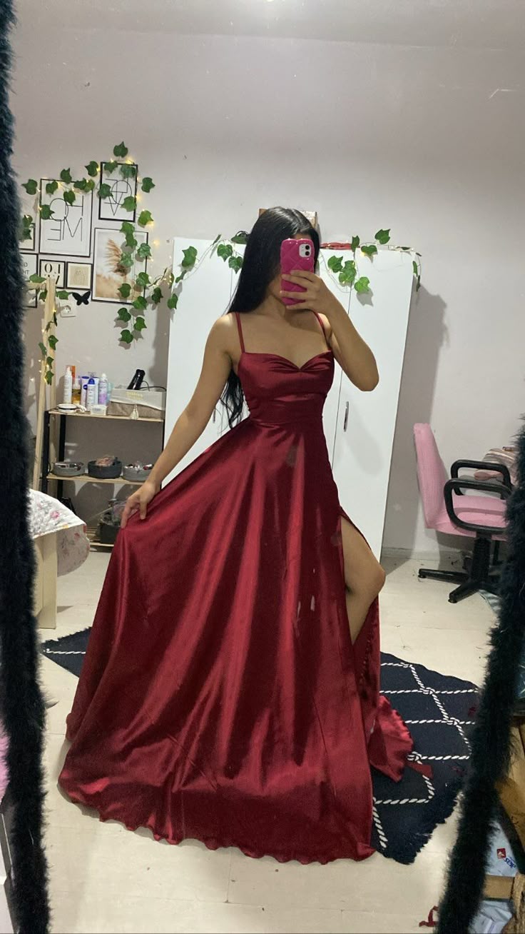 Simple Burgundy Satin Strap Slit Floor Length Prom Dress Evening Dress TP2587