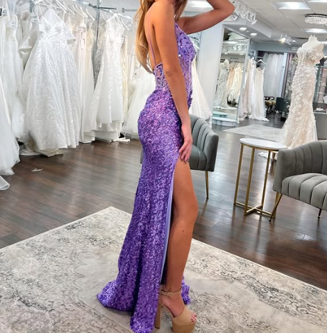 Charming Purple Spaghetti Strap V Neck High Slit Sequin Prom Dress Evening Dress TP2592