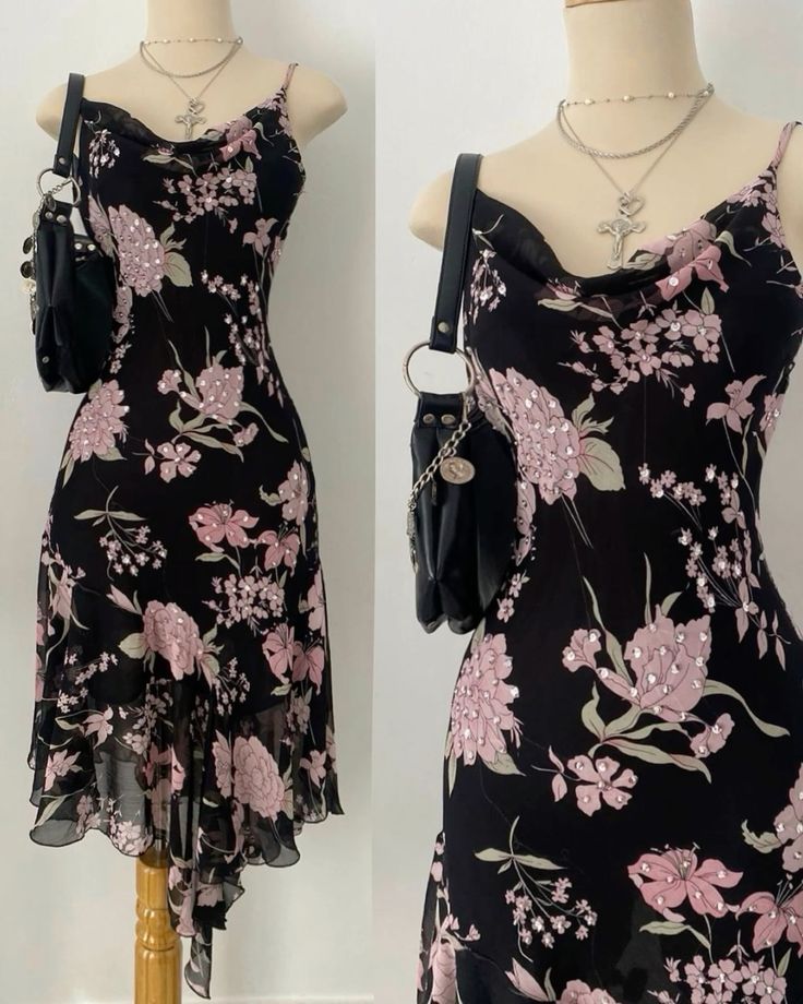 Vintage Black Chiffon Spaghetti Strap Floral Printed Short Party Dress Homecoming Dress TP2594