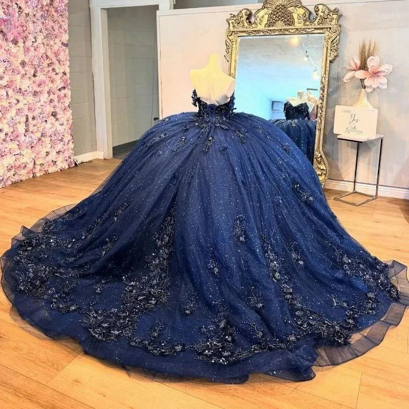 Navy Blue Tutu A-line Off-shoulder Sequined Tulle Floor-length Prom Dress Evening Dress TP2604
