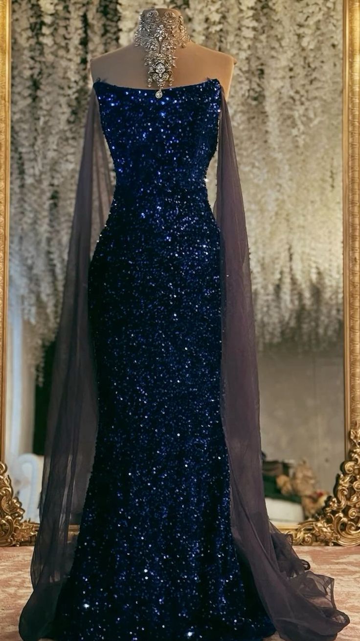 Gorgeous Navy Off Shoulder Sleeveless Sequin Mermaid Formal Prom Dress Evening Gown TP2607